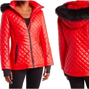 NWT Michael Kors Quilted Water Resistant Coat with Faux Fur Hood - Red/Black